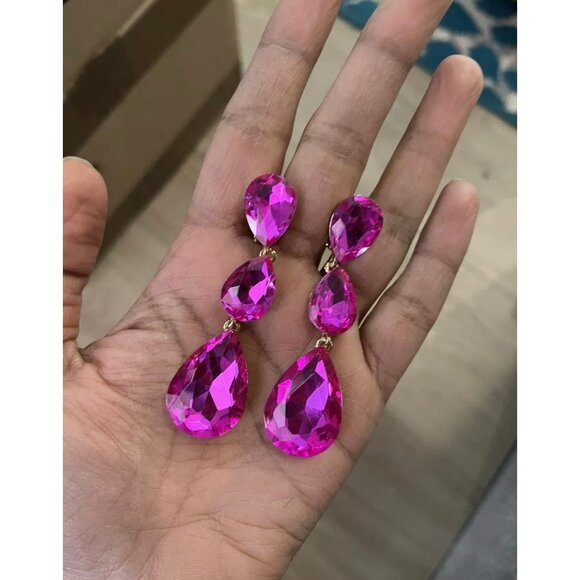 3 inch clip on fuchsia hot pink gold rhinestone crystal teardrop pageant - Picture 2 of 7